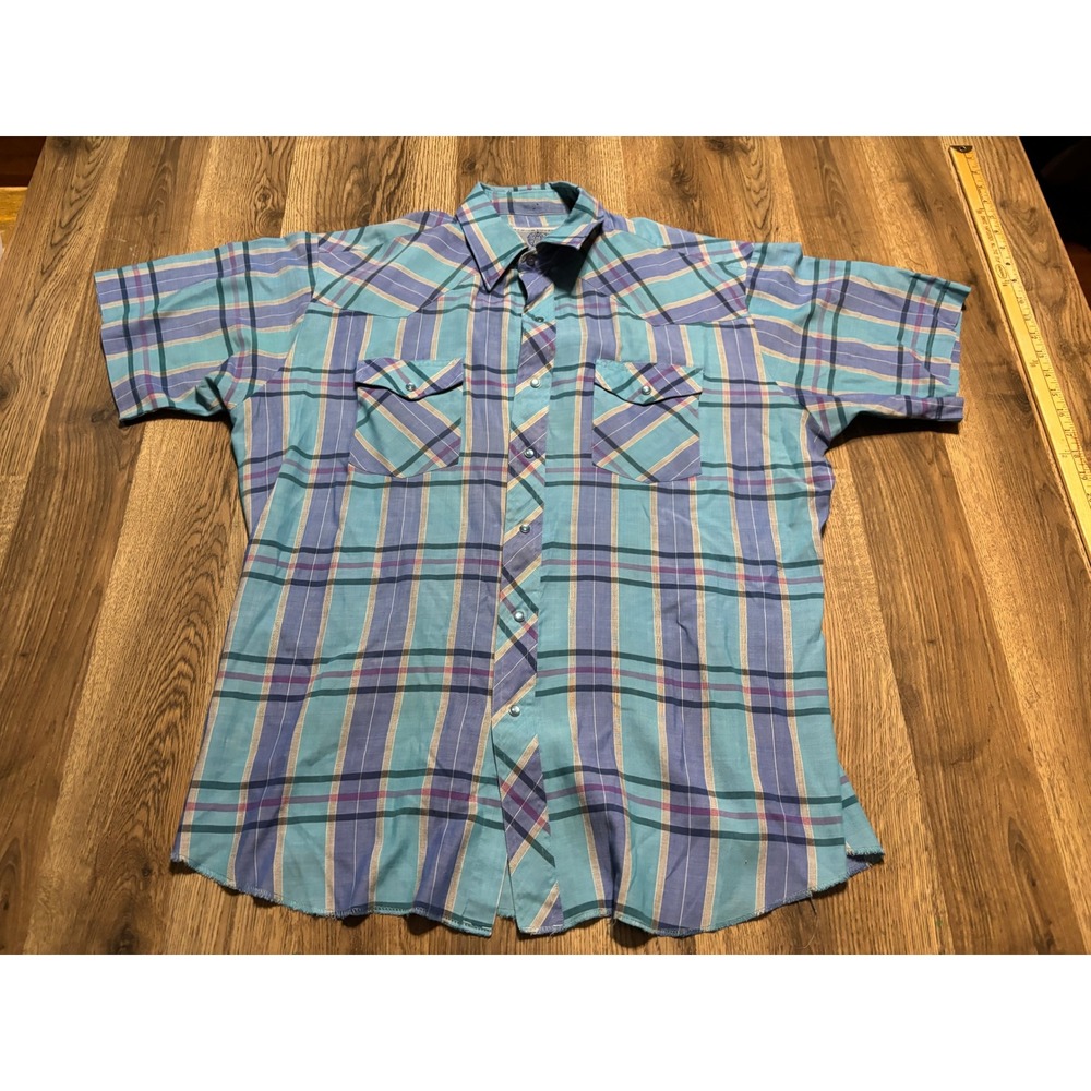 VNTG American Hero Plaid Western Mens Size XL Blue Short Sleeve Pearl Snap Shirt